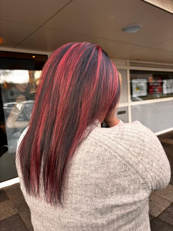 Steil donker haar met felroze en rode kamstrepen