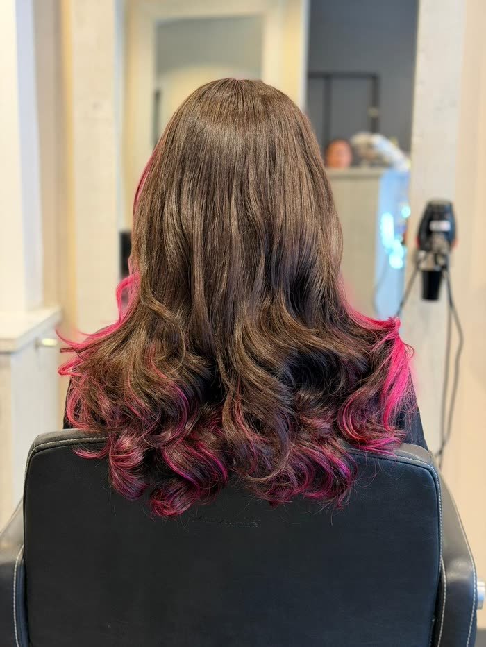 Bruin haar met roze en paarse punten