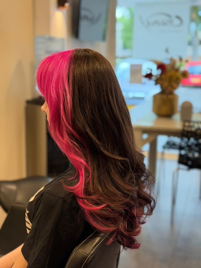 Donker haar met een felroze pluk aan de voorkant