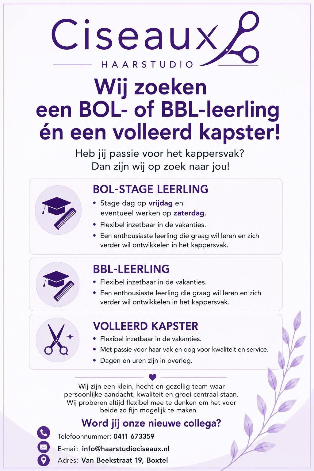 Vacature Haarstudio Ciseaux — BOL, BBL en volleerd kapster